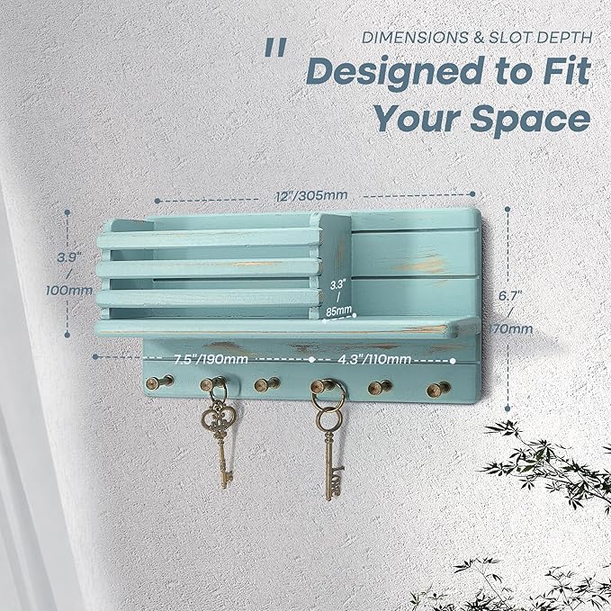 Rebee Vision Pine Wood Key Holder Wall Mount for Home Decor - 6 Hooks for Hats, Essential Home Organizer - Farmhouse Key Holder for Wall Mail Slot Can Store Letters & Files (Blue)