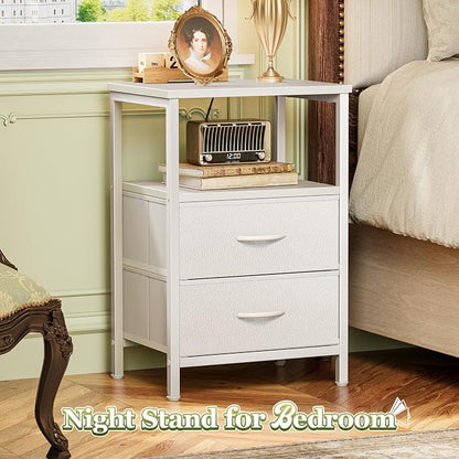 Huuger Night Stand Set of 2, Nightstand with 2 Drawers, Bed Side Table with Open Shelf, Wooden Top, End Table, PU Leather Fabric Drawer Surface, for Bedroom, White