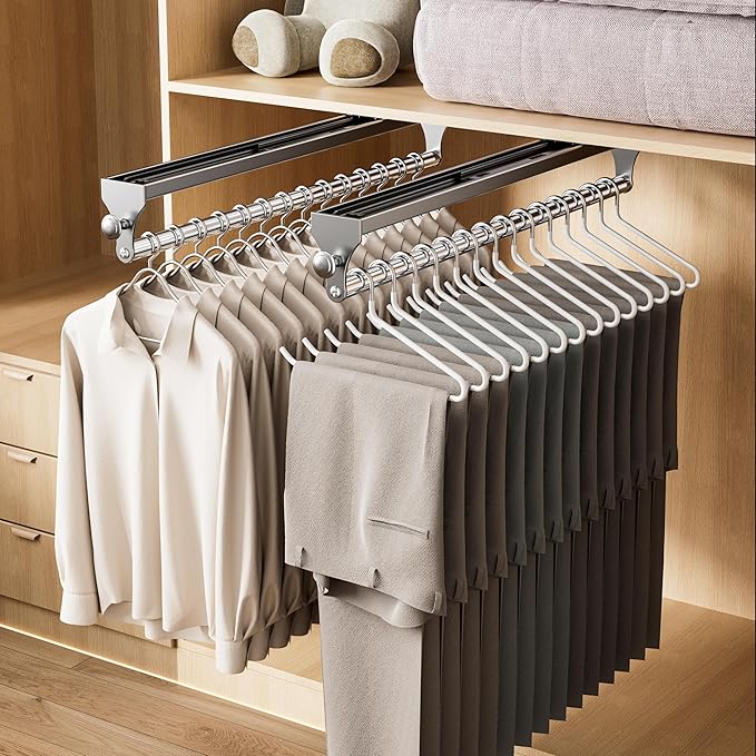 2 Pack Pull Out Closet Rod, 15.7inch Heavy Duty Pants Rack, Adjustable Clothes Hanger Rail, Space Aluminum Valet Rod, Top Mounted Wardrobe Clothes Organizer, Closet Storage for Trousers Coats Gray