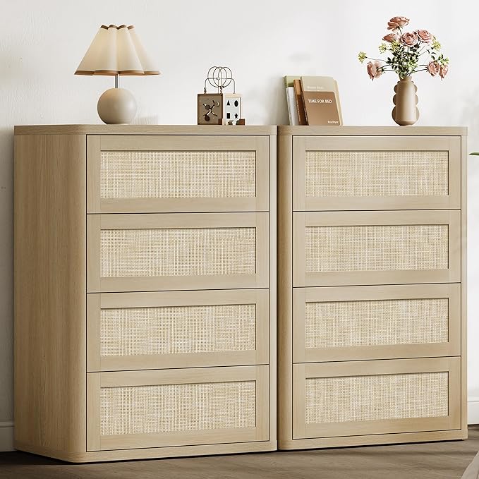 SICOTAS 4 Drawer Dresser for Bedroom-40.59'' Tall Rattan Bedroom Dressers with Oversized Drawers, Boho Wooden Chest of Drawers, Push-to-Open Storage Dresser for Closet, Nursery, Sand Oak, 2PCS