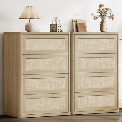 SICOTAS 4 Drawer Dresser for Bedroom-40.59'' Tall Rattan Bedroom Dressers with Oversized Drawers, Boho Wooden Chest of Drawers, Push-to-Open Storage Dresser for Closet, Nursery, Sand Oak, 2PCS