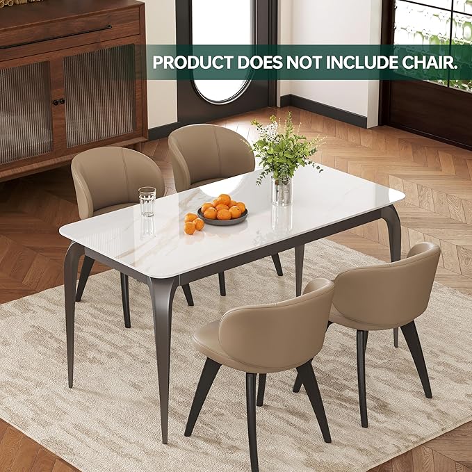 Dining Table, Sintered Stone Kitchen Table, 55'' White Modern Rectangular Slate Patio Table with Metal Legs, Indoor Outdoor Stone Dining Table for Patio, Backyard, Scratch and Heat Resistant