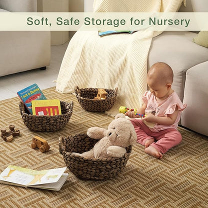 Set of 3 Wicker Storage Baskets for Organizing - Woven Decorative Baskets with Handles - Organizers for Bathroom, Kitchen, and Shelves (Espresso)