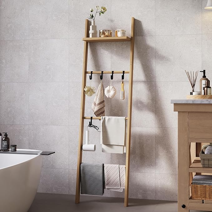 63" Bamboo Blanket Ladder with Shelf and 5 Hooks, 4 Tier Leaning Blanket Rack, Farmhouse Towel Ladder Rack, Decorative Quilt Rack Holder for Living Room Bedroom Bathroom, Natural Wood