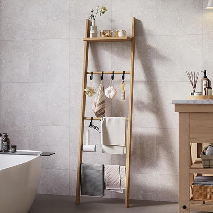 63" Bamboo Blanket Ladder with Shelf and 5 Hooks, 4 Tier Leaning Blanket Rack, Farmhouse Towel Ladder Rack, Decorative Quilt Rack Holder for Living Room Bedroom Bathroom, Natural Wood