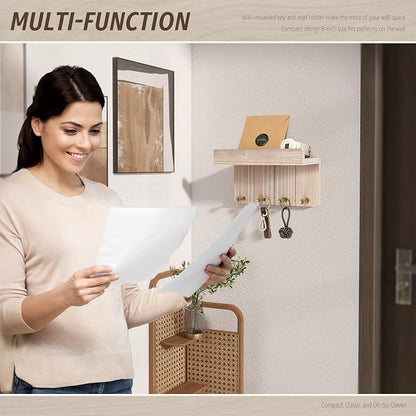 Rebee Vision Farmhouse Key Holder Wall Mount - Key and Mail Holder for Wall with Mini Floating Shelf and 4 Key Hooks - Perfect for Apartment Essentials (Natural Wood)