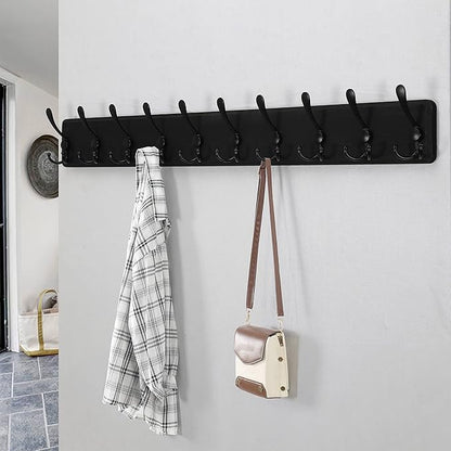 Dseap Coat Rack Wall - Heavy-Duty 38-1/4" Long, with Reinforced 10 Custom Tri-Hooks, Solid Wood Wall Hanger for Coats Hat Jackets - Rustic Farmhouse Entryway Hallway Storage, Black