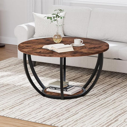 HOMERECOMMEND 28" Round Coffee Table with Storage,2-Tier Wood Accent Center Table for Living Room,Sofa Table for Home Office, Brown