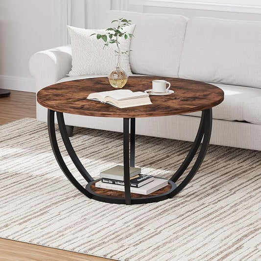 HOMERECOMMEND 28" Round Coffee Table with Storage,2-Tier Wood Accent Center Table for Living Room,Sofa Table for Home Office, Brown