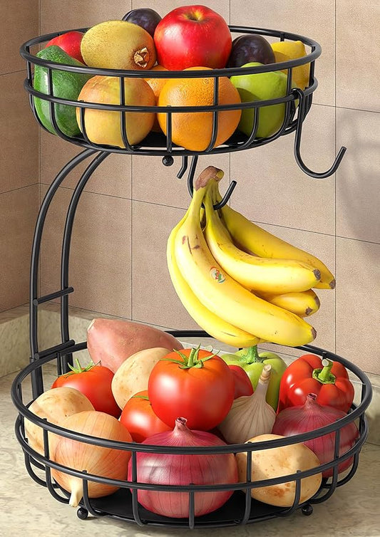 Sevenblue 2 Tier Large Fruit Basket for Kitchen Counter with Removable Banana Hanger - Sturdy Iron Fruit Bowl for Kitchen Counter and Vegetable Holder, Brown, Extra Large
