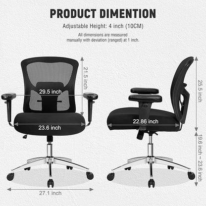 Bigroof Big and Tall Office Chair 600lbs, Heavy Duty Ergonomic Mesh Chair, Computer Executive Desk Chair with Wide Thick Seat, Adjustable Armrests, Lumbar Support