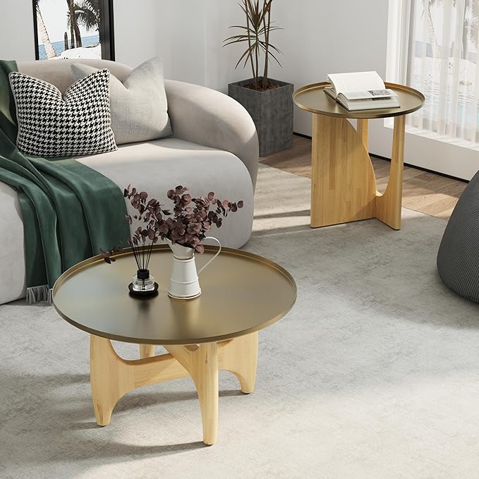 ACEDÉCOR Solid Wood Coffee Table Set with End Table, Luxurious Brushed Gold Coffee Tables 2 in 1, Nesting Coffee Table Set for Living Room Apartment