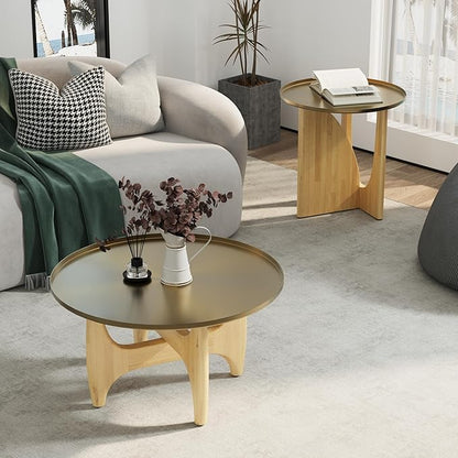 ACEDÉCOR Solid Wood Coffee Table Set with End Table, Luxurious Brushed Gold Coffee Tables 2 in 1, Nesting Coffee Table Set for Living Room Apartment