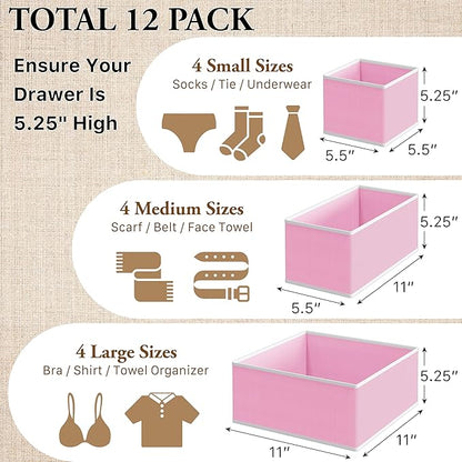 Simple Houseware Foldable Drawer Organizer for Clothes/Underwear/Panty/Onesie Stocking Bin, Set of 12, Pink