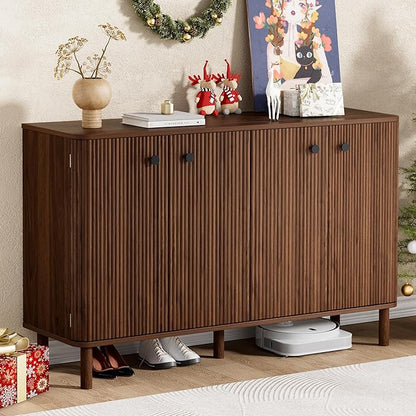 Fluted Sideboard Cabinet, Modern Buffet Cabinet, Storage Cabinet with Adjustable Shelves & Solid Wood Legs, Accent Credenza Sideboard for Kitchen, Coffee Bar, Living Room, Entryway, Hallway