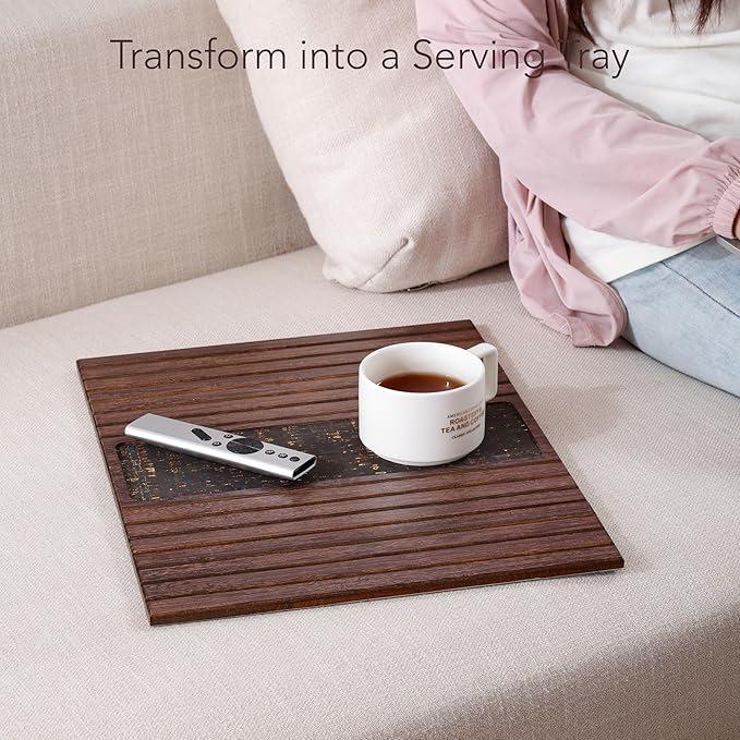 DETOR Couch Arm Tray with Retro Cork Pad, Brown-Stained Bamboo Finish, Enhanced Non-Slip Bottom, Sturdy Bamboo Slats, Fits Armrests 4.6" and Wider