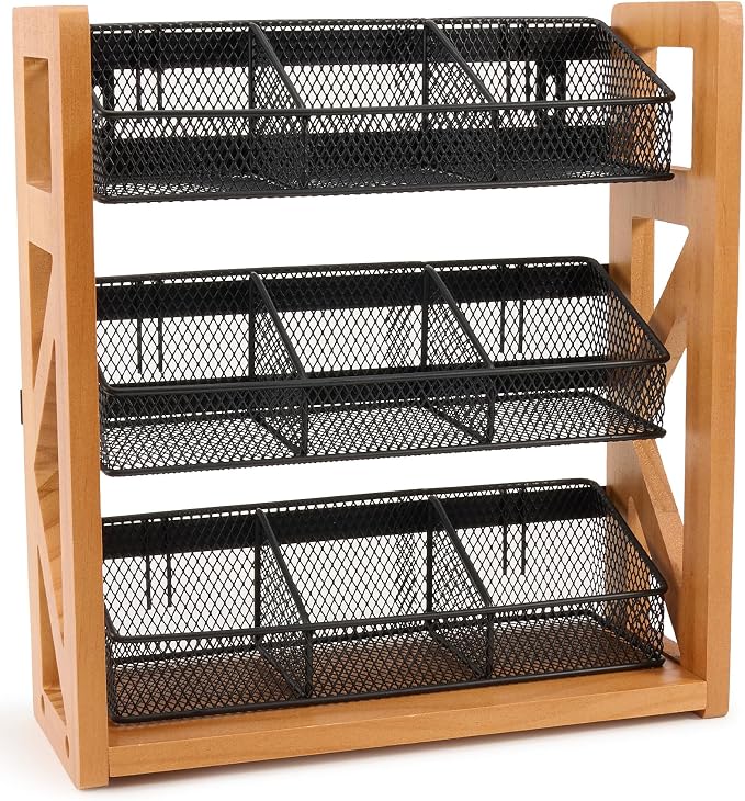 HULISEN 3 Tier Tea Bag Organizer for 120 Tea Bags, Tea Bag Holder with Removable Basket, Wood Stand & Metal Teabag Storage Rack for Coffee Bar Counter Kitchen Cabinet Pantry, Countertop or Wall Mount