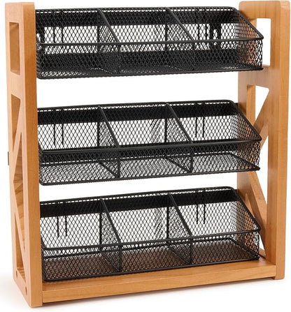 HULISEN 3 Tier Tea Bag Organizer for 120 Tea Bags, Tea Bag Holder with Removable Basket, Wood Stand & Metal Teabag Storage Rack for Coffee Bar Counter Kitchen Cabinet Pantry, Countertop or Wall Mount