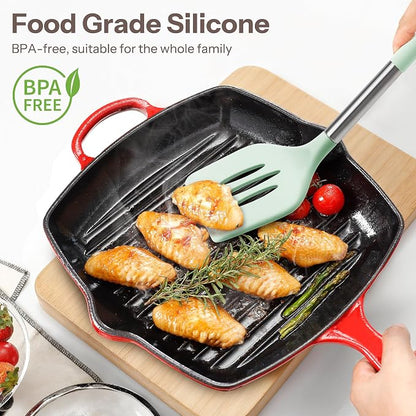 NCUE Silicone Cooking Utensils Set, 28 Pcs Kitchen Utensils Set 446°F Heat Resistant Spatula Set, Food Grade Silicone and Stainless Steel Handle Kitchen Gadgets for Nonstick Cookware BPA Free