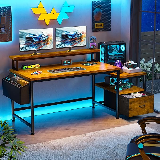 EnHomee 57" Office Desk with Drawers and Printer Space,Computer Desk with Power Outlets,Home Office Desks with File Drawers Cabinet,Study and Gaming Desk with Shelves Monitor Stand,Rustic Brown