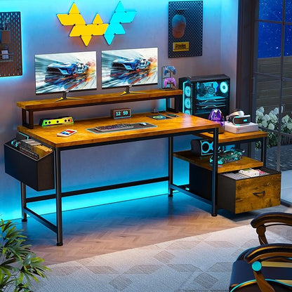 EnHomee 57" Office Desk with Drawers and Printer Space,Computer Desk with Power Outlets,Home Office Desks with File Drawers Cabinet,Study and Gaming Desk with Shelves Monitor Stand,Rustic Brown
