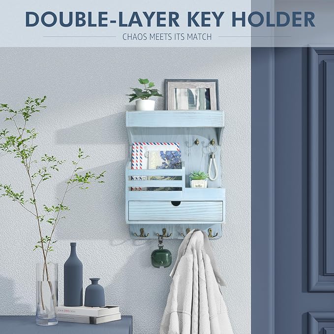 Rebee Vision Farmhouse Key Holder Wall Mount with Drawer Organizer – Pine Wooden Mail & Key Organizer with 6 Sturdy Hooks & Floating Shelf – A Perfect Touch of Style for Rustic Home Decor (Blue)