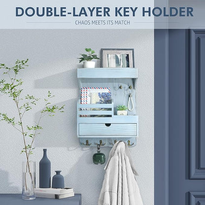 Rebee Vision Farmhouse Key Holder Wall Mount with Drawer Organizer – Pine Wooden Mail & Key Organizer with 6 Sturdy Hooks & Floating Shelf – A Perfect Touch of Style for Rustic Home Decor (Blue)