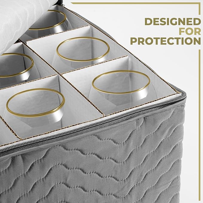 Sorbus Stemware Storage Chest - Deluxe Quilted Case with Dividers - Service for 12 - Great for Protecting or Transporting Wine Glasses, Champagne Flutes, Goblets, and more (Storage Glass - Gray)