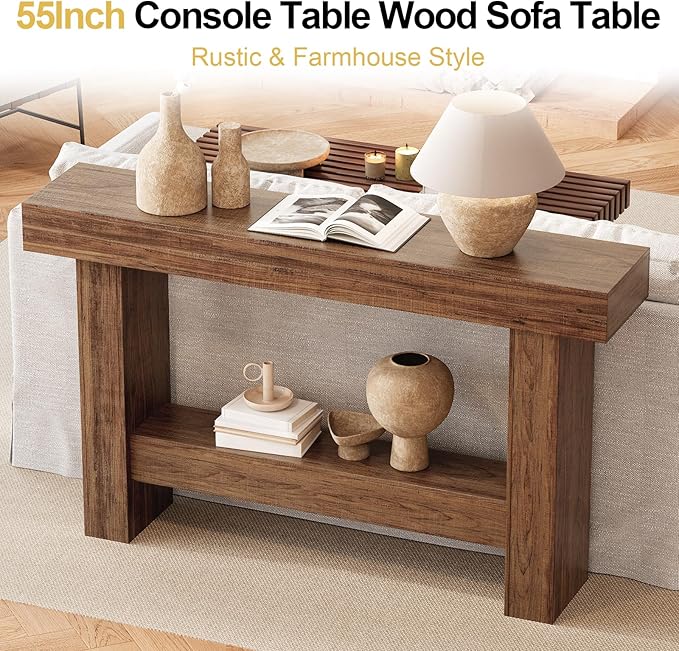 55 Inch Farmhouse Console Table,Wooden Rectangular Sofa Table Behind The Couch,Industrial Entryway Tables with Storage for Living Room,Entrance,Hallway (Brown)