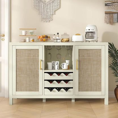 Rattan Wine Bar Cabinet, Boho Rattan Home Bar with Glass Holder and Drawer Style Racks, Oak Sideboard Buffet Storage Cabinet for Living Dining Room Kitchen (White Oak)