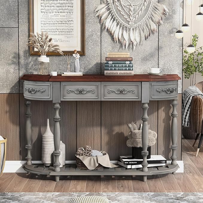 HMFULE Retro Curved Console Table, 52" Solid Wood Half Moon Sofa Table Entryway Table with 4 Drawers 1 Open Shelf for Living Room,Entryway,Hallway,Grey