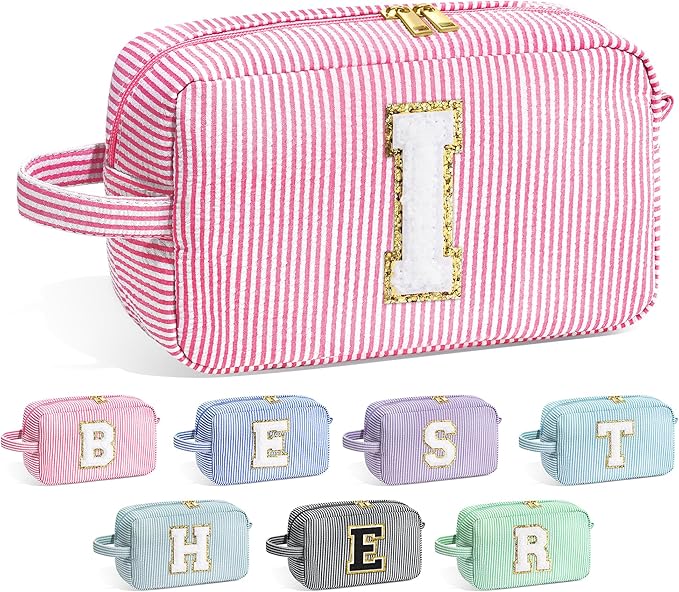 YOOLIFE Initial Cosmetic Bag for Women - Monogram Cute Makeup Bag Cosmetic Case Toiletry Pouch for Women Her Best Friend Sister Teacher, Personalized Birthday Gifts for Women, Pink I