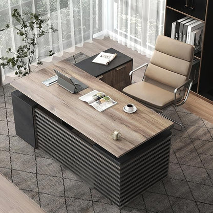 SAINTCY 78.74In L Shaped Executive Standing Desk with Drawers, Large Modern Adjustable Heigh Home Office Desk w/Universal Charging Ports, Business Workstation, Black and Warm Oak