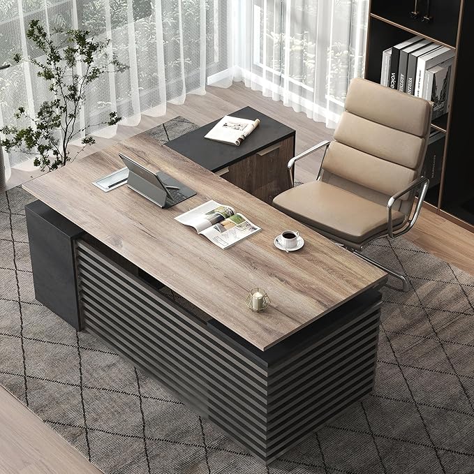 SAINTCY 70.87In L Shaped Executive Standing Desk with Drawers, Large Modern Adjustable Heigh Home Office Desk w/Universal Charging Ports, Business Workstation, Black and Warm Oak
