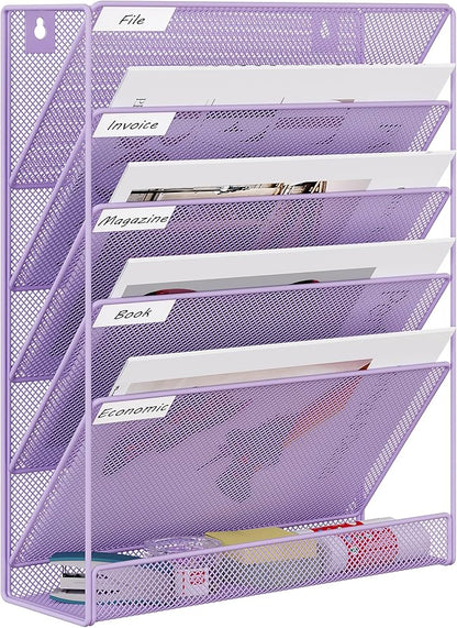 EasyPAG 5 Tier Wall File Holder, Mesh Hanging Folder Organizer with Classify Label, Versatile Desk File Holder, Vertical Wall Mounted Mail Organizer for Office Home Cubicle, Purple