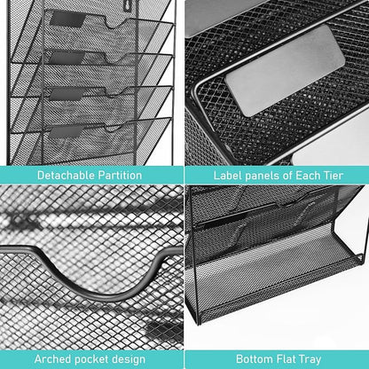 GALASALA Wall File Organizer, 6 Pockets Mesh Hanging File Organizer, Wall Mount File Holder With Hooks, Wall Organizer Magazine Rack for Office Supplies, Black