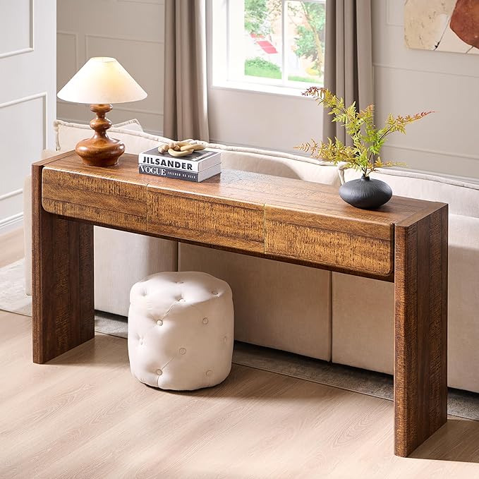 OKD 63'' Console Table with 3 Drawers, Farmhouse Entryway Table with Rounded Corners, Console Table Behind Couch for Living Room/Hallway-Reclaimed Barnwood