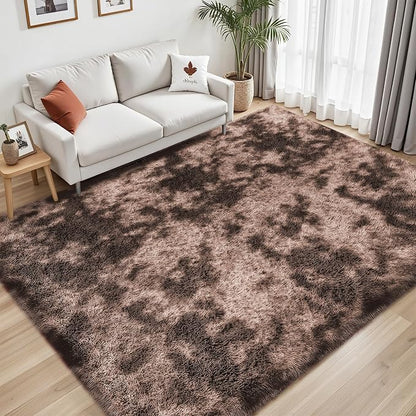Area Rug for Living Room Bedroom: 4x6 Soft Fluffy Shag Upgrade Non-Slip High Pile Carpet Large Fuzzy Plush Indoor Floor Decor Shaggy Coffe Tie-Dyed Rug for Kid Boys Girls Playroom Nursery Modern Home