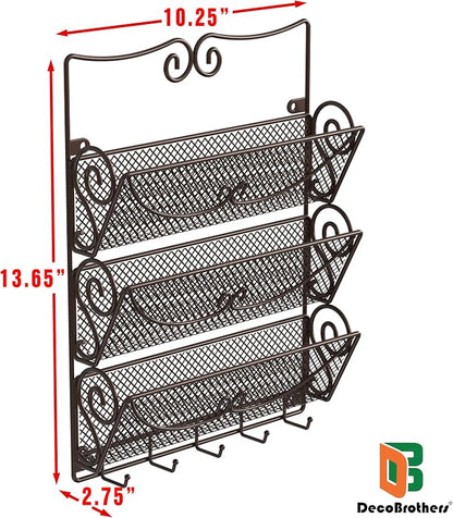 Deco Brothers Wall Mail Organizer with 5 Key Holder, 3 Tier, Bronze