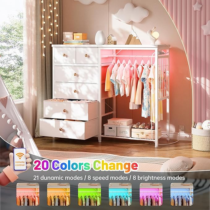 EnHomee 49.2" W Dresser with Hanging Rack & 6 Fabric Drawers for Bedroom, Featuring LED Lights and Charging Station, White Fabric Dressers & Chest of Drawers with Grid Panel & 4 Hooks, Wooden Top
