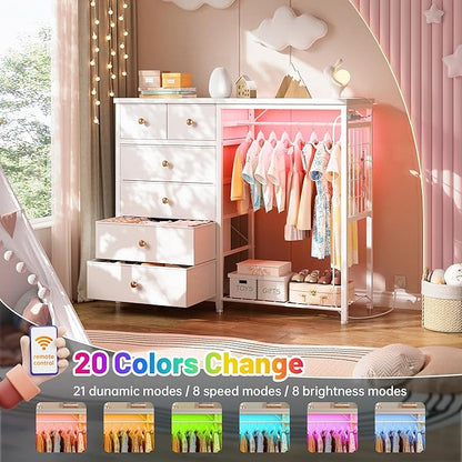 EnHomee 49.2" W Dresser with Hanging Rack & 6 Fabric Drawers for Bedroom, Featuring LED Lights and Charging Station, White Fabric Dressers & Chest of Drawers with Grid Panel & 4 Hooks, Wooden Top
