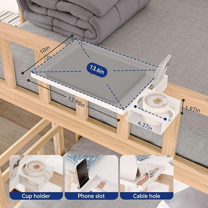Metal Bedside Shelf Table Tray with Cup Holder, Foldable Bed Side Table for Bunk Bed & Top Bunk, College Dorm Room Essentials for Guys & Girls, Clip-on Laptop Nightstand for IKEA Beds, White