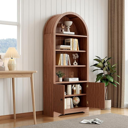 70" Arched Bookcase with Storage, 6 Tier Bookshelf with Door, Freestanding Display Storage Cabinet Farmhouse Storage Shelves for Living Room,Bedroom Home Office,Walnut Oak