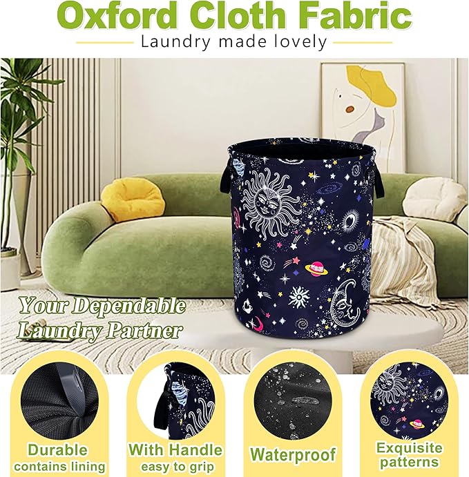 Sun Moon Galaxy Laundry Basket Funny Cosmic Foldable Waterproof Oxford Cloth Tote Bag Laundry Hamper Round Large Clothes Storage Bucket Toy Organizer For Bathroom/Laundry Storage/Bedroom 18.9x16.5 In
