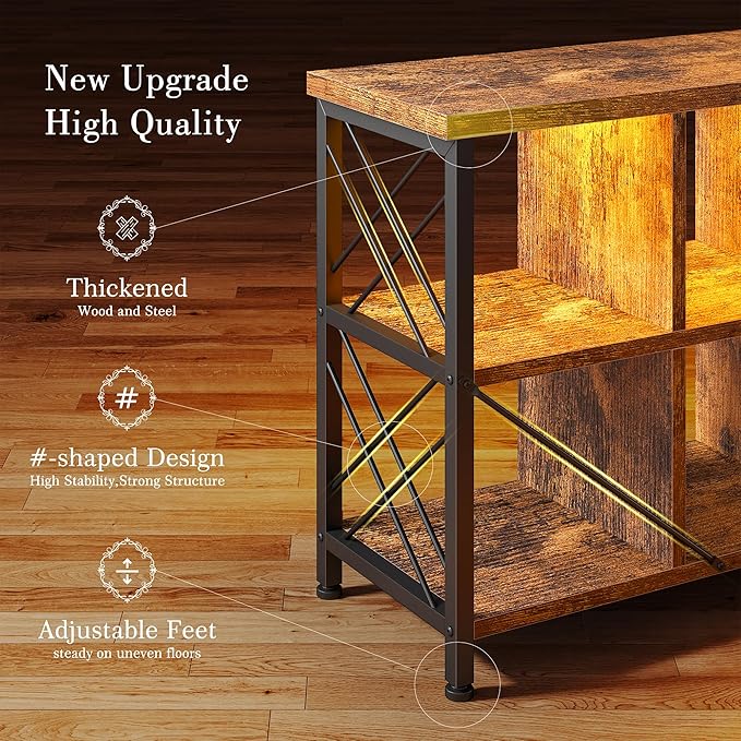 8 Cube Storage Organizer with LED Light and Charging Station, Wood and Metal Cube Shelf, Long Horizontal Book Shelf for Bedroom, Home Office,Rustic Brown