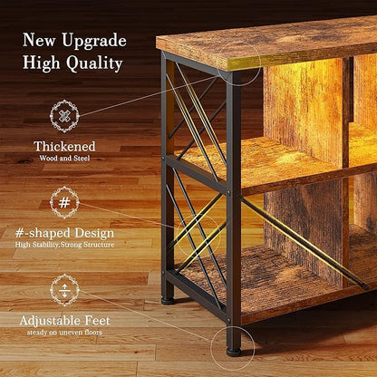 8 Cube Storage Organizer with LED Light and Charging Station, Wood and Metal Cube Shelf, Long Horizontal Book Shelf for Bedroom, Home Office,Rustic Brown