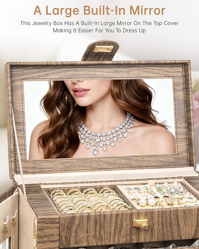 AKOZLIN 360° Rotating Jewelry Box Extra Large 6-Tier Organizer Functional Jewelry Storage Case for Women Girls Ring Necklace Earring Bracelet Holder with Mirror Color Wood Grain