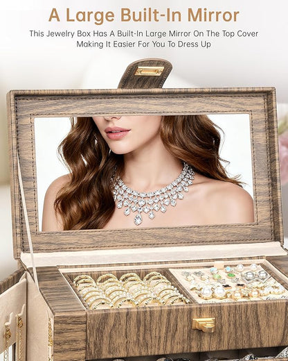 AKOZLIN 360° Rotating Jewelry Box Extra Large 6-Tier Organizer Functional Jewelry Storage Case for Women Girls Ring Necklace Earring Bracelet Holder with Mirror Color Wood Grain