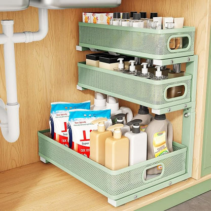 Kitstorack Under Sink Organizer, 1-Pack 3-Tier Height Adjustable Thickened Metal Pull out Cabinet Organizer Shelf, Slide out Storage Drawer Rack for Bathroom Kitchen Pantry Home Organization, Green
