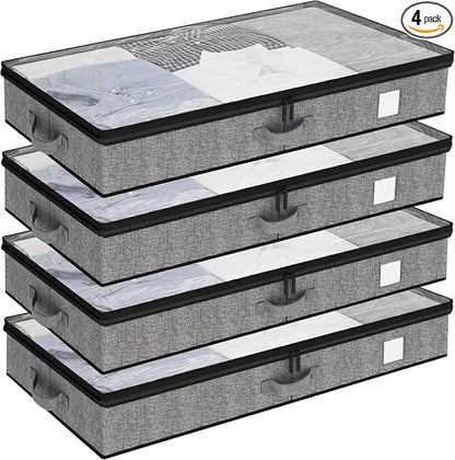 Fixwal Under Bed Storage Containers 4 Pack, Reinforced Underbed Organizer Below 4.5 Inches Low Profile Clothes Storage Bins with Sturdy Sidewalls and Bottom